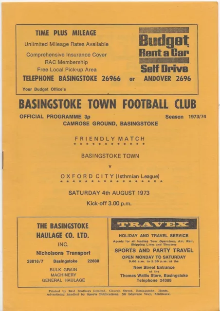 1973/74 Basingstoke Town v Oxford City Friendly Match Programme