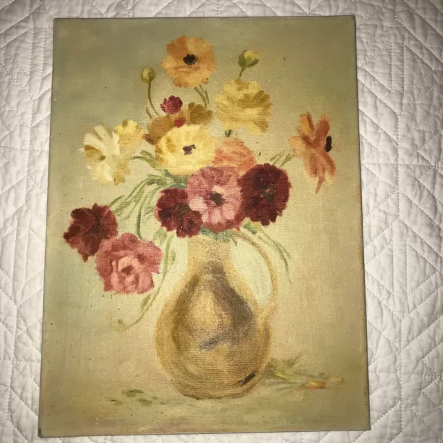 VINTAGE Roses floral flower original hand painted PAINTING gold red poppies