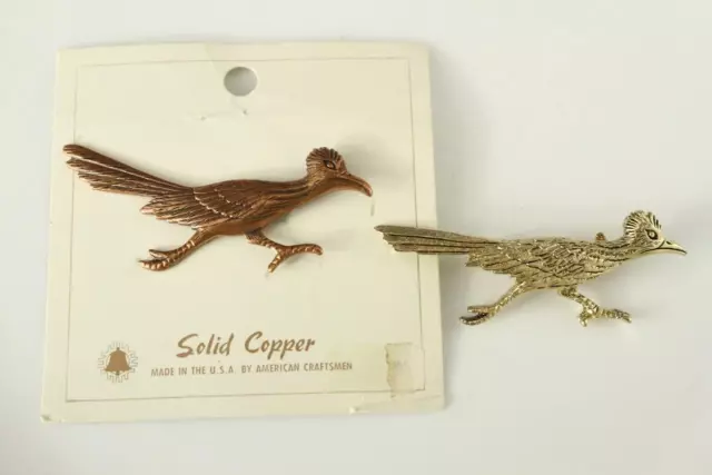 VINTAGE Costume Jewelry Solid Copper & Gold Tone 2PC Lot ROADRUNNER Bird Pins