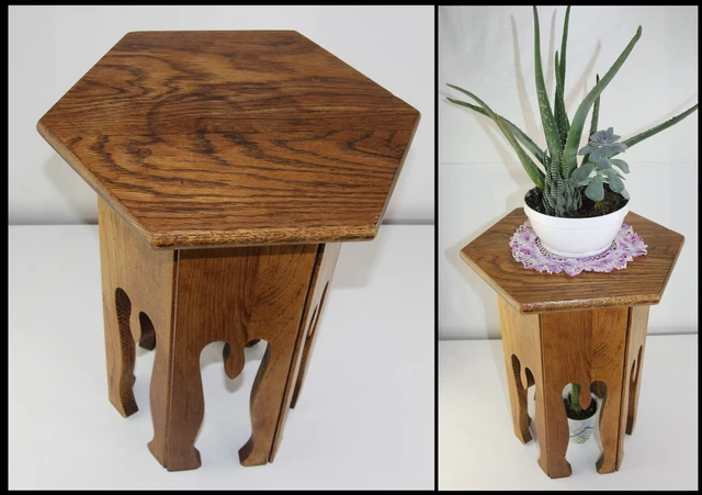 Arts & Crafts Solid Oak Plant Stand Small Table w Cutout Apron Dovetailed Panels