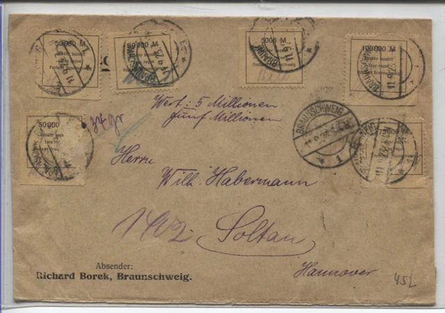 6 Gebührenmarken Fa. Borek auf Wert-Brief von Braunschweig nach Soltau (B05084)