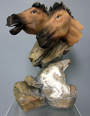 New Sculpted 2 Brown Horse Head Bust Engraved 3 Horses Figurine Statue Figure