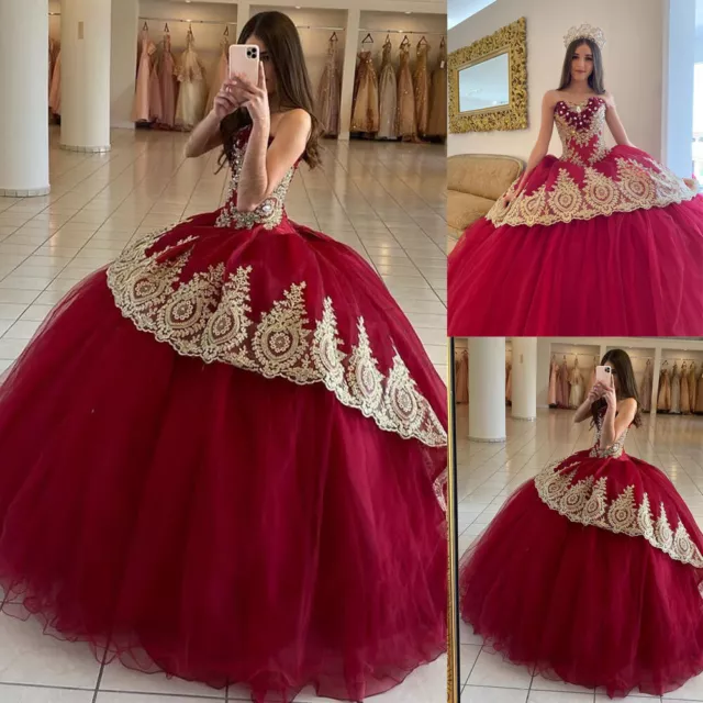 Beaded Burgundy Quinceanera Dresses Sweetheart Sweet 15 16 Prom Party Ball Gowns