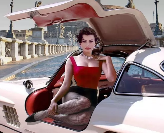 1955 SOPHIA LOREN Sitting in a MERCEDES 500SL Gull Wing  Photo (204-A )