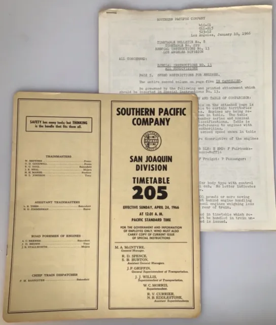 1966 Southern Pacific Company Railway LA Bulletin & TimeTable 205 San Joaquin