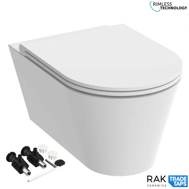 RAK RIMLESS RESORT Wall Hung WC Toilet Pan With SLIMLINE SANDWICH Seat