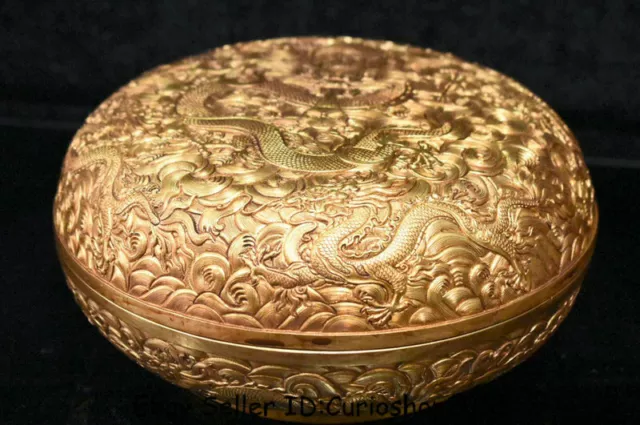 7.4" Old Chinese Copper 24K Gold Gilt Dynasty Dragon Bead Jewelry box jewel case