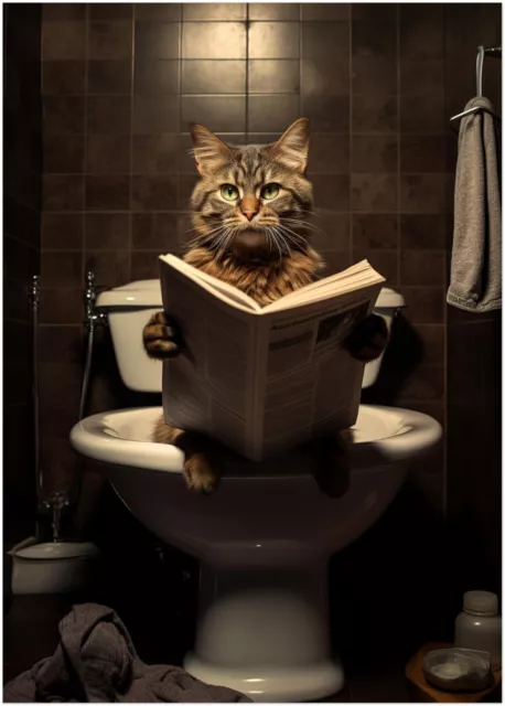 Katzen Poster - Katze auf Toilette - Tier Wandbild Kunstdruck P372N