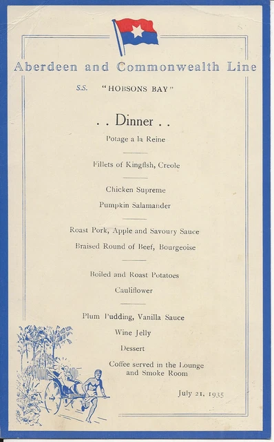 Aberdeen & Commonwealth single sheet dinner menu on-board Hobson's Bay 21.7.1935