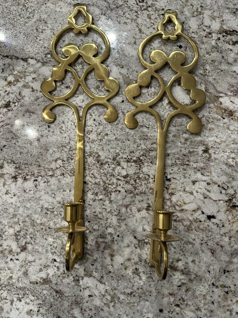 Set Of 2 Lg Vintage Brass Candle Holder 19” Wall Sconces Key Hole Scroll Design