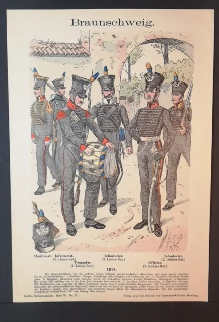 Chromolithografie von 1896. Braunschweig. Infanterist, Trommler, Offizier. 1815.
