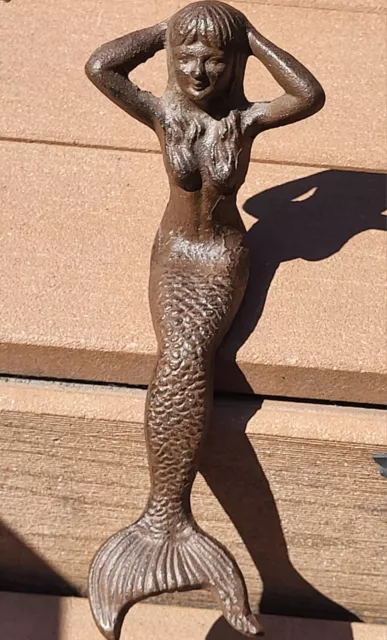 Vintage Cast Iron Sitting Mermaid Metal Yard Art Shelf Sitter 10.5"