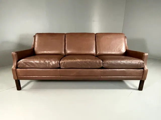 EB5832 Vintage Danish 3 Seat Brown Leather Sofa, 1970s Retro, MCM, M3SS