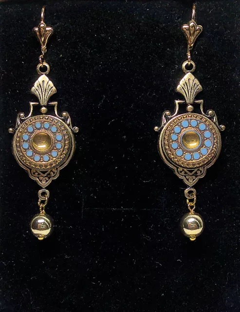 Victorian Art Nouveau Antique Brass Royal Blue Gold Tile Earrings