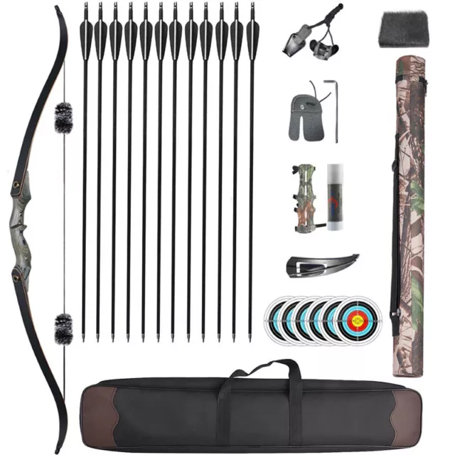 60" Archery Takedown Recurve Bow Wooden Riser & 12pcs Arrow & Bag Hunting SET