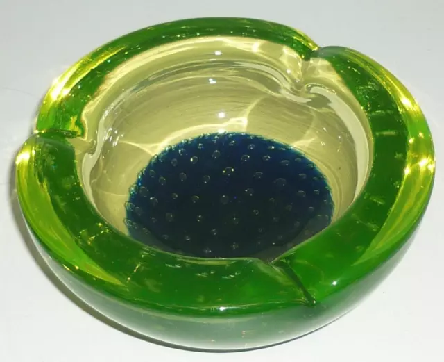 LOVELY RETRO MURANO ART GLASS URANIUM DARK BLUE YELLOW GREEN BOWL DISH 15cm WIDE