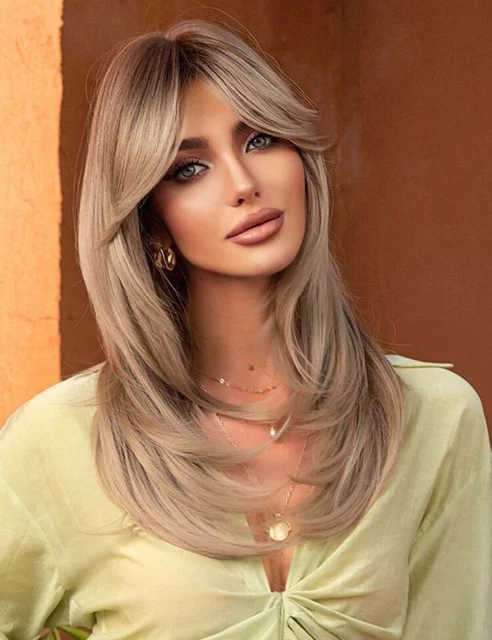 Perruque Longue Synthétique Blond Doré Clair - Lisse Avec Frange - Bonnet Taille M Avec 4 Réglages - Neuf Sans étiquettes