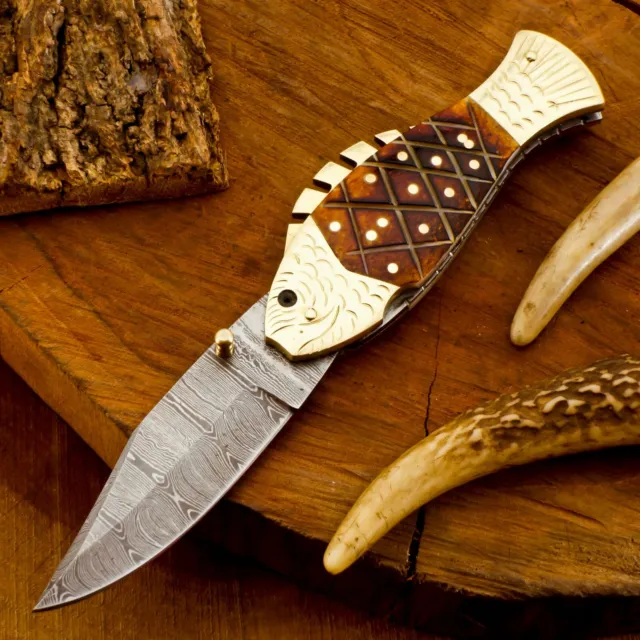 Custom Hand Made Damascus Steel Folding knife Fish knife Pocket Knife Handle 3