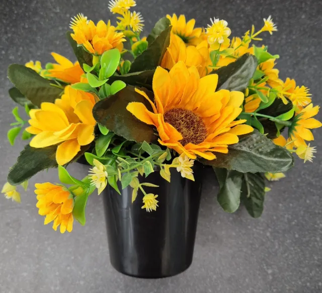 Memorial Grave - Cemetery Pot With Artificial Flowers - Yellow Sunflower