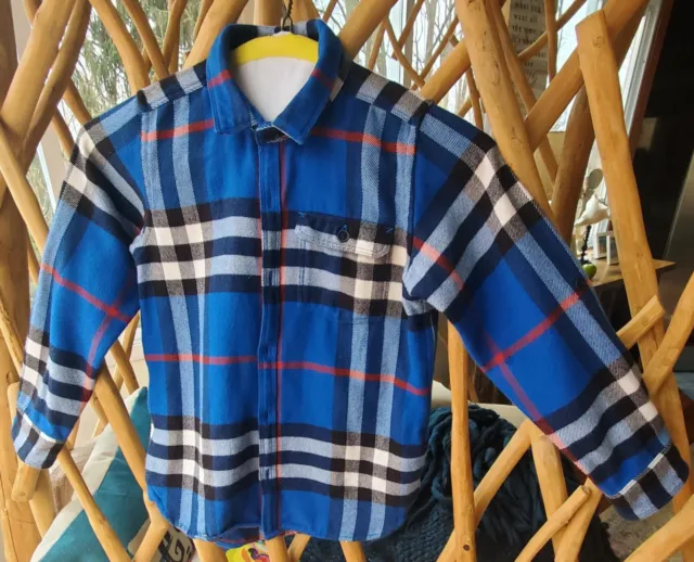 Boys Burberry Blue Plaid Button Down Flannel Feel Long Sleeve Shirt - 8 Y