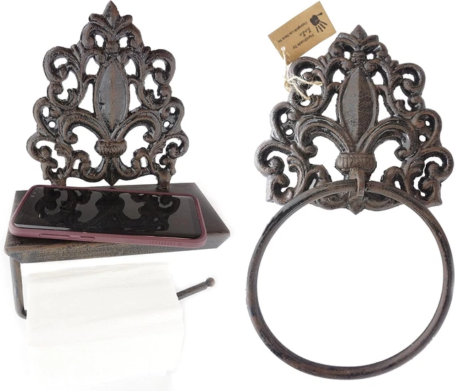 Lulu Decor, Set of Cast Iron Fleur De Lis Toilet Tissue Holder & Towel Holder, D