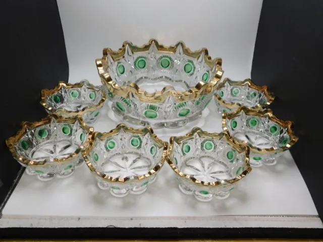 Antique Berry Bowl Set~Eapg~Us Glass~Bulls Eye & Daisy~7 Pieces~Gold/Green/Clear