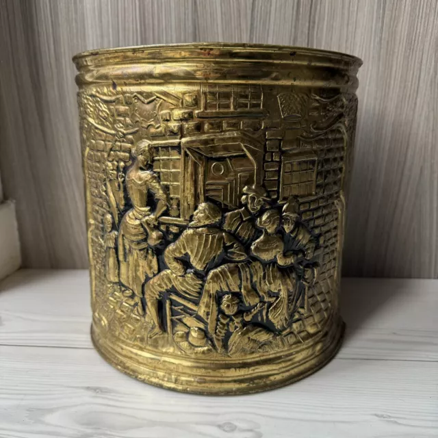 Vintage Brass Waste Bin Log Coal Storage planter Umbrella Tavern Scene Embossed