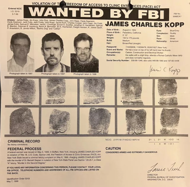 FBI Wanted poster - James Charles Kopp