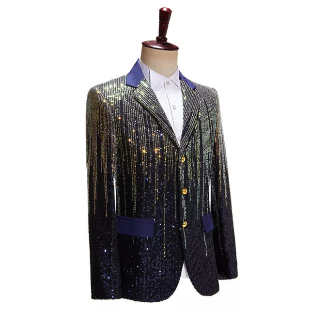 Uomo Lucido Moda Paillettes Abito Cappotto Giacca Bavero Matrimonio Cena Fit