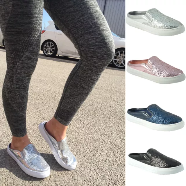 Ladies Glitter Slider Pumps Trainer Slip On Metallic Sneakers Casual Shoes Size