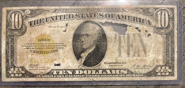 1928 $10 Ten Dollar GOLD CERTIFICATE Small Size Circulated Decent Shape