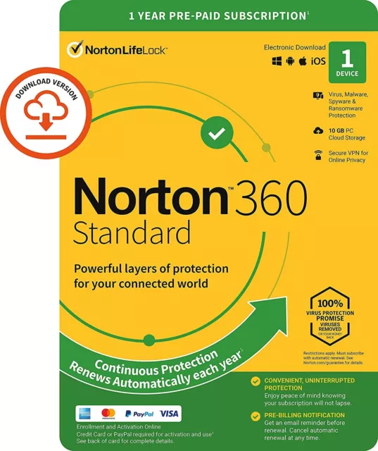 Norton Security Standard 1 Device 1 Year - Free Upgrade to 360 Emailed UK & EU