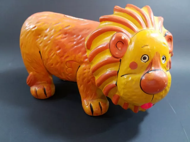 Vintage Lion Coin Piggy Bank Chalkware Hand Painted Pride Creations 8" Long