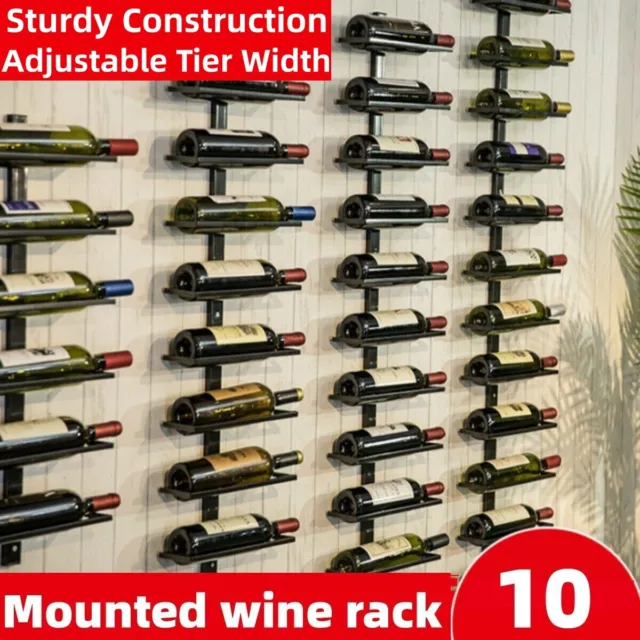 Mounted Wine Rack, 10 Bottle Black Metal Wall Storage Holder Shelf