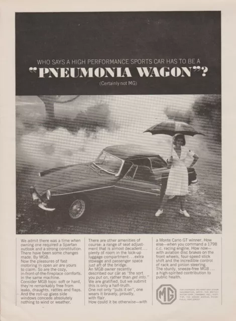 1965 MG MGB - Sexy Nurse In Rain, Umbrella - "Pneumonia Wagon?" - Print Ad Photo