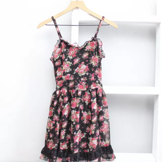 Tripp NYC Black Pink Floral Print Lace Babydoll Dress Size Small