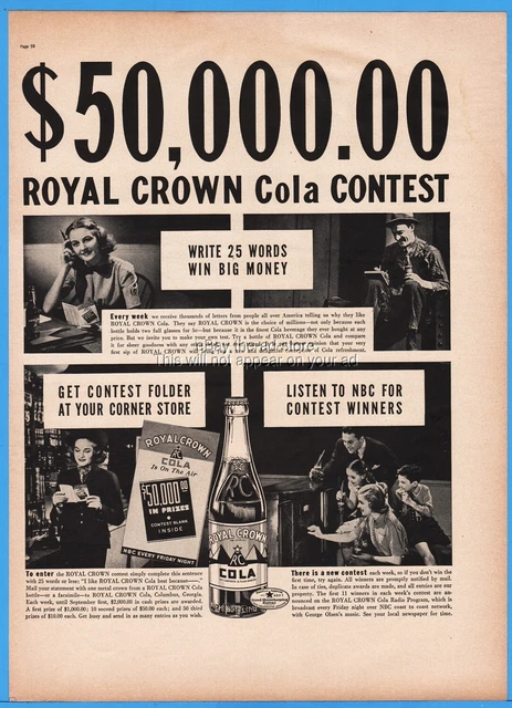 1938 Royal Crown RC Cola Write 25 Words Win Big Money Contest NBC Radio Photo Ad