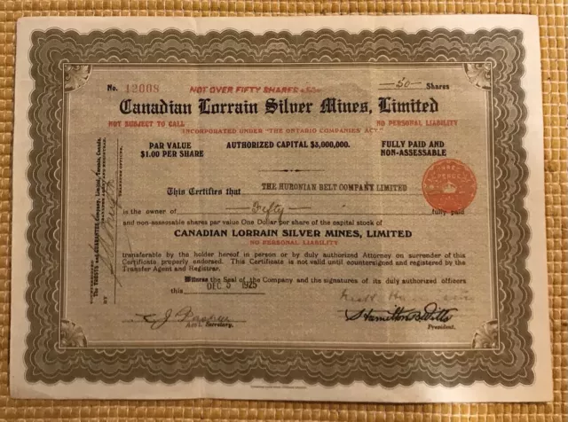 Canadian Lordain Silver  Mines Limited - Vintage Share Certificate M386