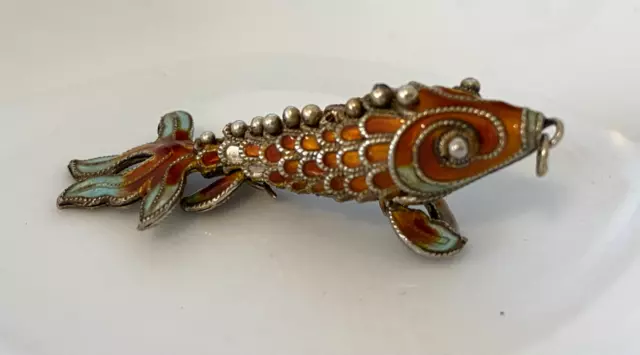 Vintage Chinese Silver Gilt Orange Enamel Articulated Koi Fish Pendant