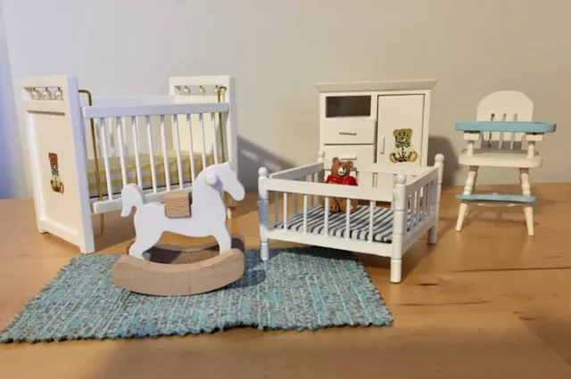 Dolls House Nursery Furniture Set 1:12 incl cot, playpen, rocking horse & drawer