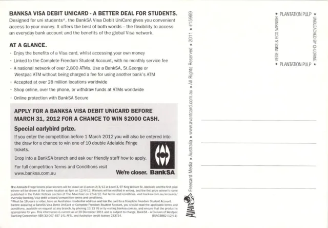 V15969 Australia Avant Card #15969 BankSA Debit Unicard Student Deal postcard 2