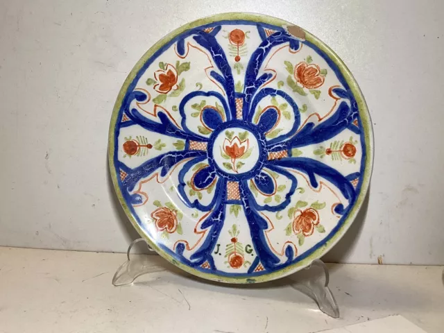 Faïence Delft XVIIIème Assiette émaillée . Monogrammée J.G. Très Belle Sonorité