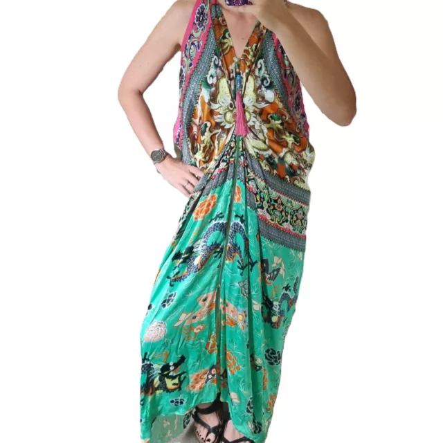 Camilla Kaftan Green Silk Crystals Tasselled OSFM One Size Fits Most Maxi Dress