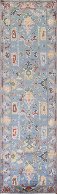 Alfombra de lana hecha a mano Oushak azul claro floral 2' 7"" x 11' 7