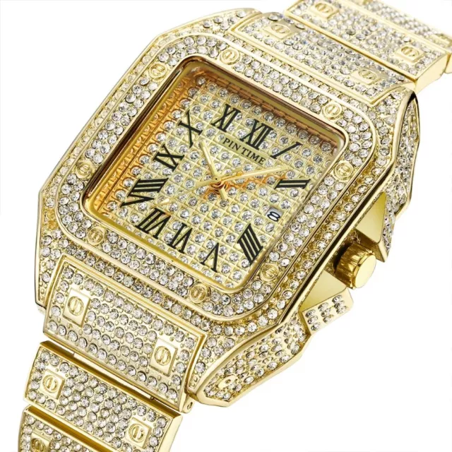 Big Dial Square Men Watch Diamond Steel Luxury Gold Quartz Watches waterproof