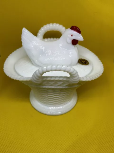 Vtg Westmoreland Milk Glass Rooster Hen on Nest Double Handled Basket Candy Dish