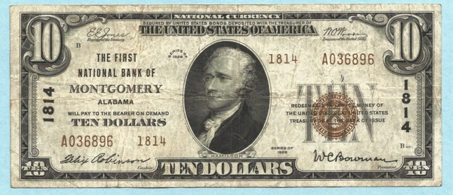 $10 National Currency 1929 - Type 2 - Ch#1814 - 1st NB, Montgomery, AL - VF+