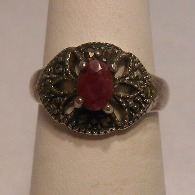 Vintage Antique Estate~Ruby & Marcasite Accents 925 Sterling Silver Ring Sz 6.75