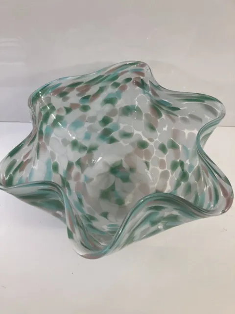 Art Glass 10” Hand Blown Ruffled Edge Decorative Bowl, Green Pink And White