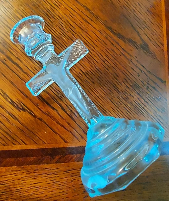 VINTAGE CHRIST CRUCIFIX Cross Clear Glass Jesus Candlestick Candle